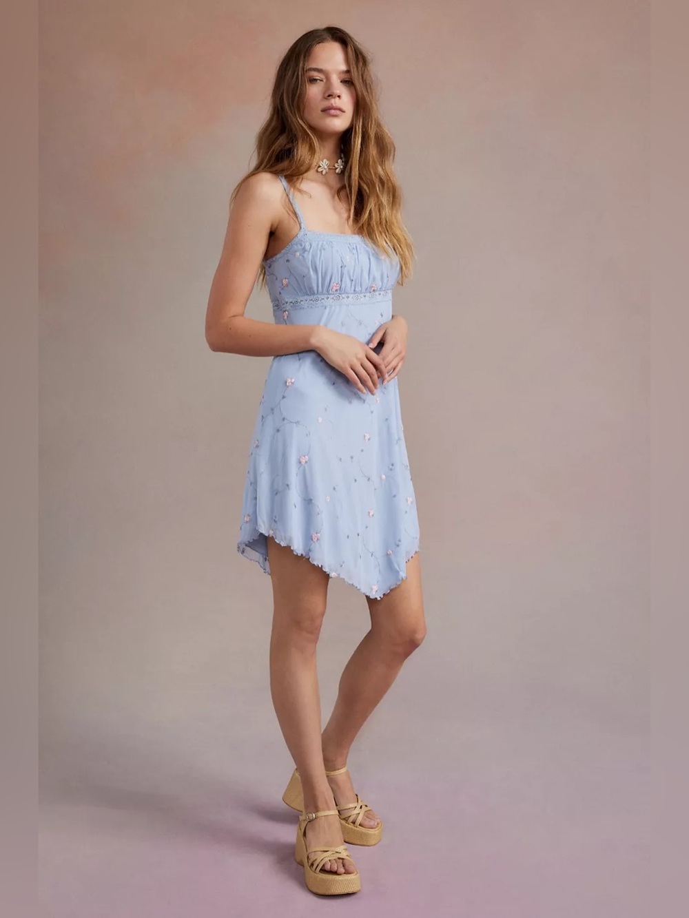 Urban Outfitters Nikita Lace Embroidered Hanky Hem Mini Slip Dress S *READ